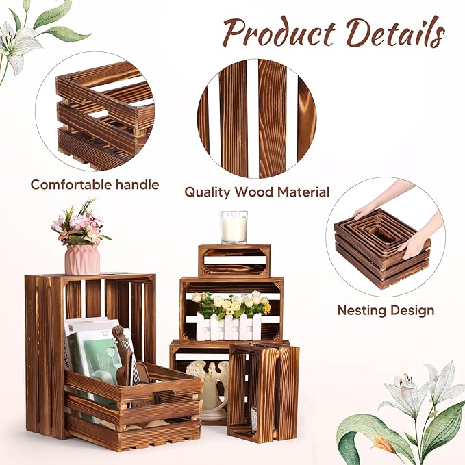BOBOKA Set of 6 Decorative Wood Crates Nesting Storage Container, 6 Size Farmhouse Wooden Storage Boxes, Rustic Wooden Crates for Storage, Display, Christmas Decorations
