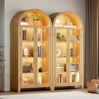 Vlsrka 71" Arched Display Cabinet with Glass Doors, Curio Cabinet with LED Light & Human Sensor, 5-Tier Display Cases for Collectibles, Storage Cabinet with Ajustable Shelf for Living Room(Wood)