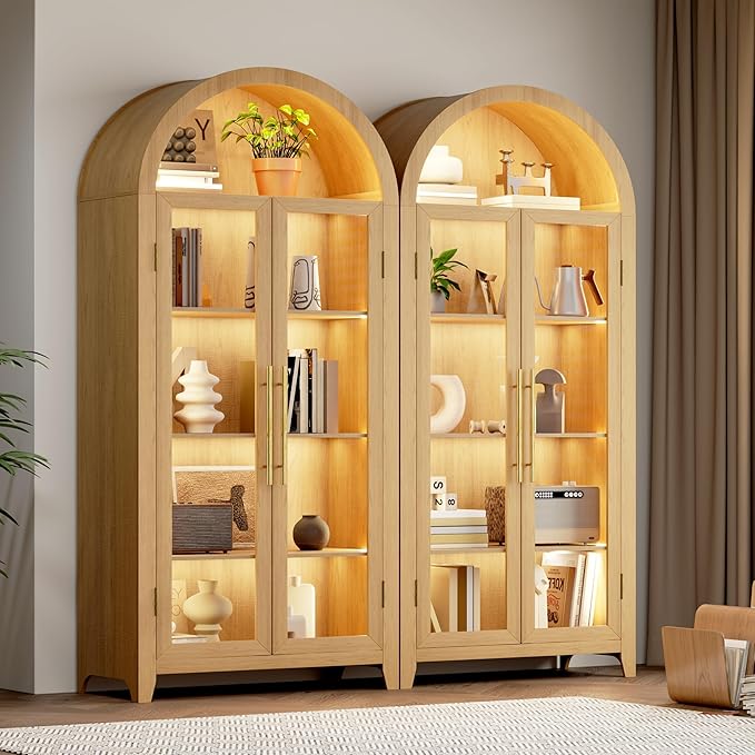 Vlsrka 71" Arched Display Cabinet with Glass Doors, Curio Cabinet with LED Light & Human Sensor, 5-Tier Display Cases for Collectibles, Storage Cabinet with Ajustable Shelf for Living Room(Wood)