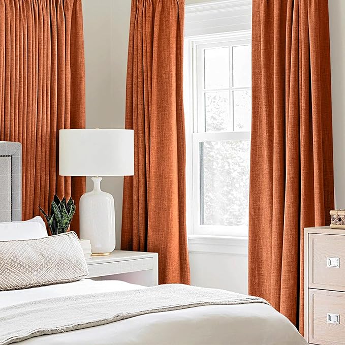 MIULEE 100% Blackout Linen Curtains for Bedroom Thermal Insulated Orange Grommet Room Darkening Curtains & Drapes Fall Decor for Living Room Nursery 52 x 84 Inch (2 Panels)