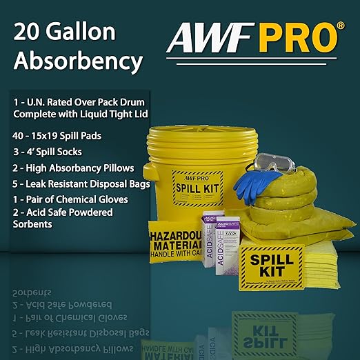 AWF PRO 20 Gallon Battery Acid Spill Kit, 59 Pieces – 20 gal DOT Approved Drum, Socks, Pads & Pillows, & Accessories