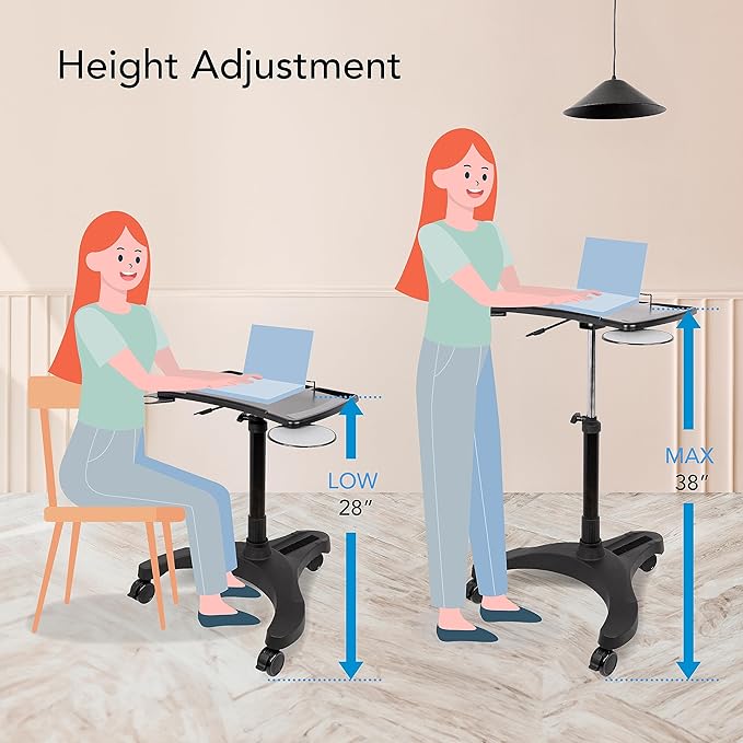 EHO Mobile Laptop Standing Desk Carts on Wheels with Stationery Storage, Pneumatic, Height Adjustable Rolling Stand, Sit to Stand Computer Cart, Workstation for Home, Office, Medical and School