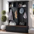 Merax Farmhouse Wood Hall Tree with Bench and Storage Drawers, 4-in-1 Coat Rack with 6 Hooks for Entrance, Hallway Black