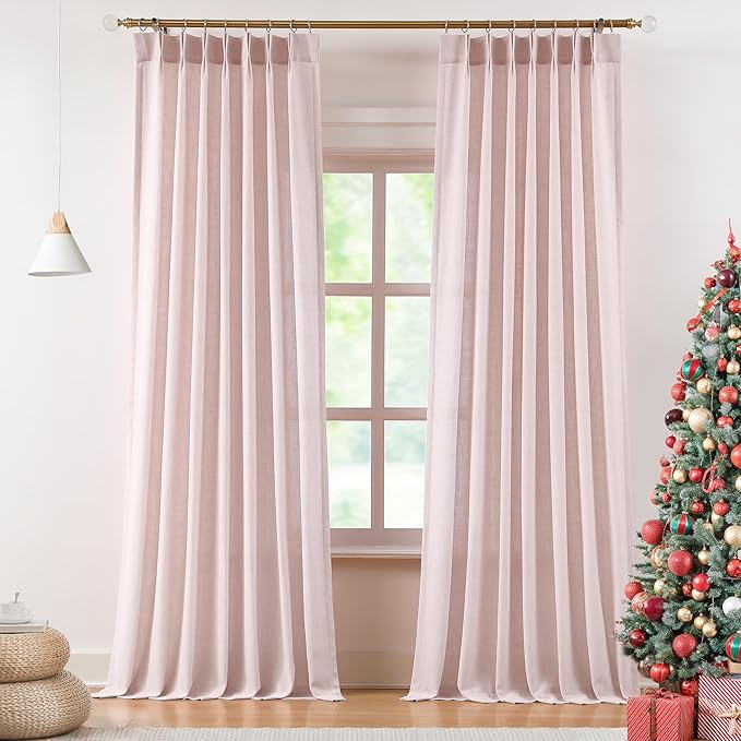 Vision Home Soft Pink Pinch Pleated Semi Sheer Curtains Textured Linen Blended Light Filtering Window Curtains 84 inch for Living Room Bedroom Pinch Pleat Drapes with Hooks 2 Panels 40" Wx84 L