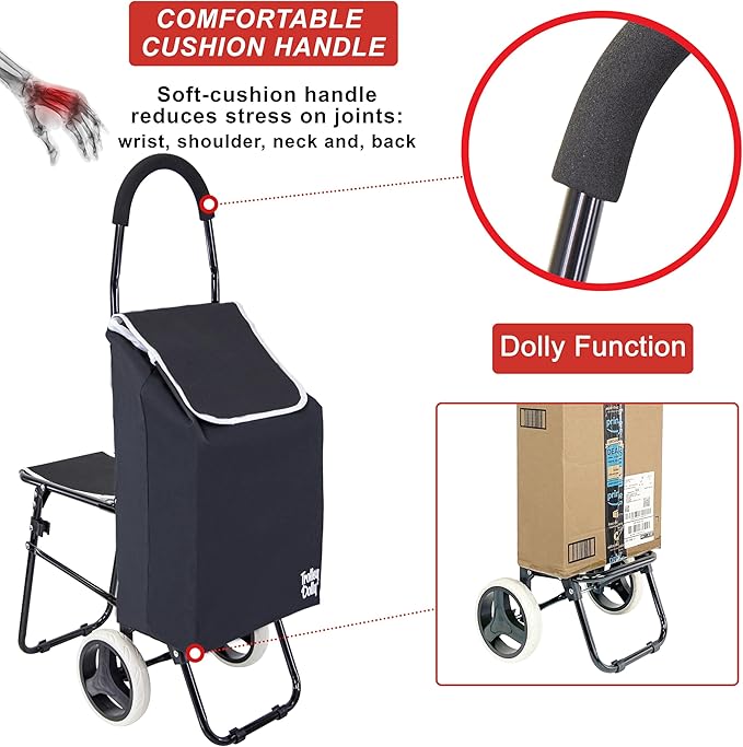 dbest Products Trolley Dolly Sport with Chair – Foldable Grocery Cart on Wheels – Multi Use Rolling Cart with Built-in Seat, Removable Bag, and Hand Truck Dolly Function, Black