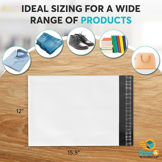 Shop4Mailers 12x15.5 Heavy Duty Thick Large Shipping Poly Mailer Bags, Waterproof and Tear-Resistant Postal Package Envelopes 3 Mil, Permanent Adhesive Seal (1000 Pack)