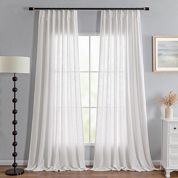 MYSKY HOME Extra Long Curtains for Living Room, Natural Curtains 108 Inch Long Light Filtering Semi Sheer Backdrop Panels Pinch Pleated Soft Cotton Fabric Boho Window Drapes, 40 x 108 in, 2 Pieces