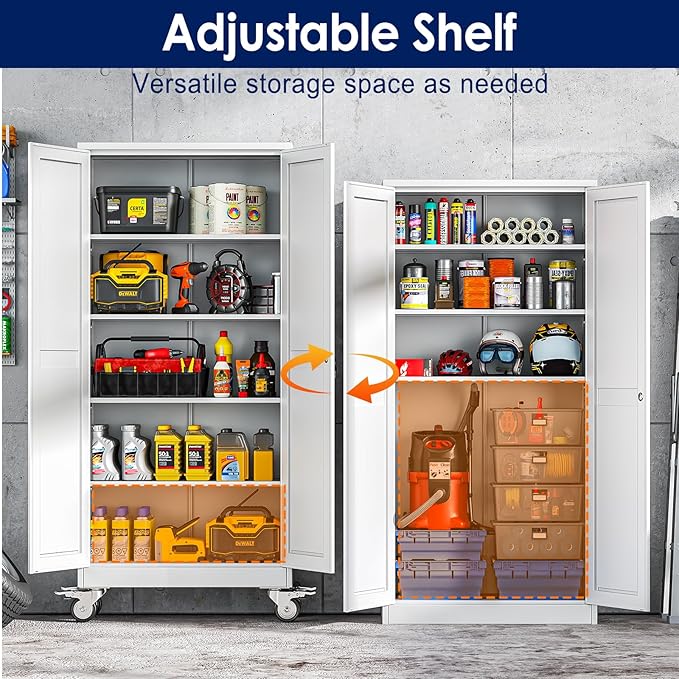 71" H Metal Garage Storage Cabinet, Rolling Tool Cabinet with 2 Doors and Wheels, Locker Steel Cabinet with 4 Adjustable Shelves, Organization Cabinet for Garage,Office,Home,Gym,School（White）