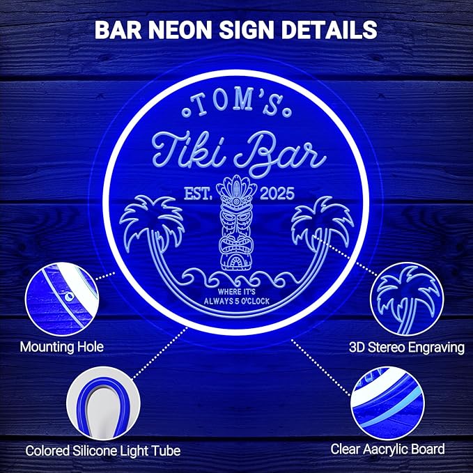 Custom Tiki Bar Neon Sign for Wall Decor, Personalized LED Bar Neon Tiki Sign for Men Dad Gifts, Dimmable Customized Light Up Signs for Home Pub Man Cave Tavern Bistro Lounge Party Beach Summer Decor