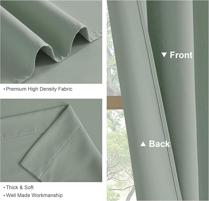 PONY DANCE Sage Green Blackout Kitchen Curtains 45 inch Long, Thermal Insulated Short Curtains for Bedroom, Rod Pocket Room Darkening Window Drapes for Bathroom, 42 x 45 inch Length, 2 Panels