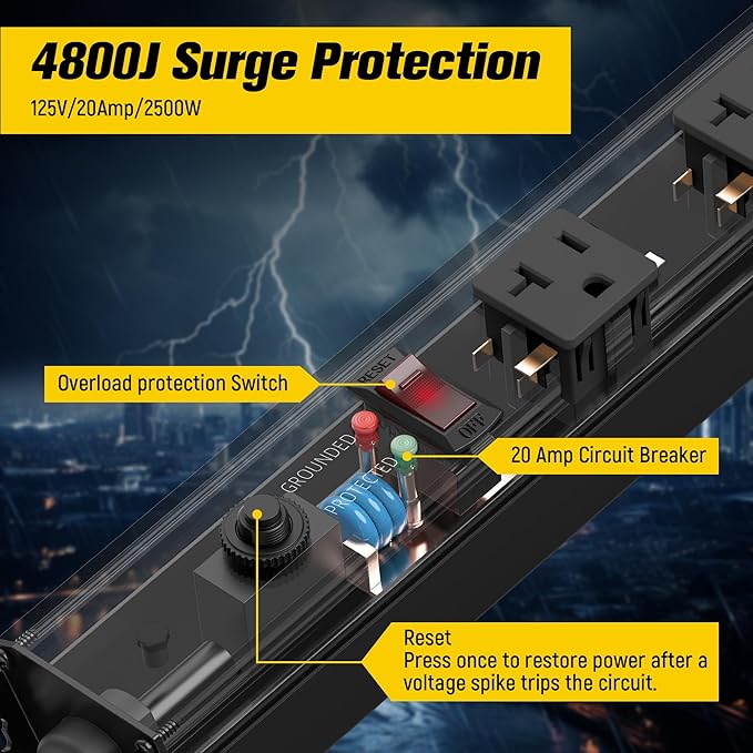 HHSOET 16 Outlet Long Power Strip, 4FT Heavy Duty Power Strip with 4800J Surge Protection, 20a Mountable Wide-Spaced Outlets for Home, Office, Garage & Workshop - ETL Certified (Black)