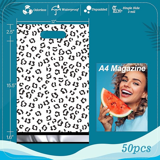 JinRuiKJ Poly Mailers with Handle 12x15.5 Inch 50 Pcs, Easy to Carry Packaging Bags for Small Business, Thank You Shipping Bags with Self Adhesive Strip, Tearproof and Waterproof - Black leopard