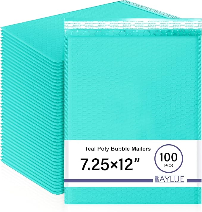 Teal 7.25x12 Inch Poly Bubble Mailers #1 | Self Seal Padded Envelopes | Air Cushioned Bubble Mailer | Usable Size 7.25x11 Inch | 100 Pack Bulk | Waterproof | Lightweight Mailing Shipping Bags