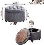 24Inch Round Storage Ottoman with Tray, Modern Tufted Circle Coffee Table with Storage, Upholstered Ottoman with Removable Top for Living Room, Bedroom, Chenille Blue