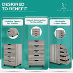 5-Drawer Rolling Storage Cart Organizer - Mobile Under Desk Dresser with Lockable Wheels, Grey Oak Engineered Wood for Home Office Dorm, Compact 15.7 x 15.7 x 26 Inches