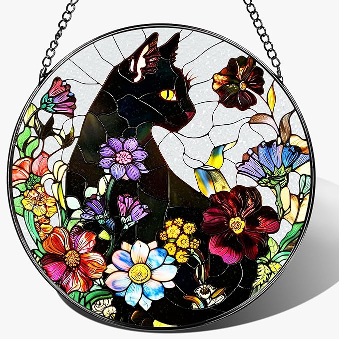 Stained Glass Window Hanging, 8 Inch Black Cat Sun Catcher, Stained Glass Suncatcher, Suncatchers for Windows, Window Decor Hanging, Cats Lover Gifts, Cat Lover Decor, Gifts for Cats Lovers