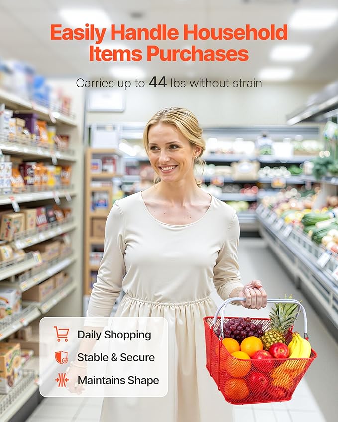 VEVOR Shopping Baskets, 12 PCS, 22L Stackable Metal Grocery Baskets with Handles, Dense Mesh Structure, Holds up to 44 lbs, Portable for Grocery, Retail, Stores, Supermarket, Bookstore, Home Use, Red