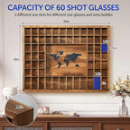 Large World Map Shot Glass Display Case 60 Slots 34 X 26''Rustic Brown Wood Holder for 2 Different Size Shot Glass In Living Rooms Bars Wine Cellars Used for Jewelry Stones & Shell