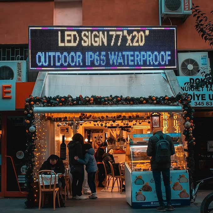 P10 Large Programmable LED Scrolling Sign 77”X20”, Bright Outdoor Digital Signs Waterproof, Full Color Led Open Signs for Business Advertising, Restaurant, School, Commerce, WiFi Control Electronic Message Display Board