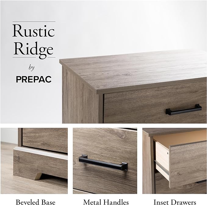 Prepac Rustic Ridge Farmhouse Nightstand Bedside Table, Brown Nightstand for Bedroom, End Table with 3 Drawers 16.25"D x 27.5"W x 26.75"H