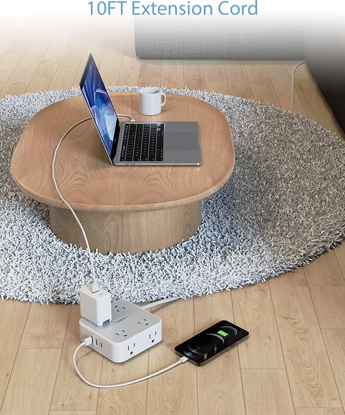 TESSAN 10 Ft Surge Protector Power Strip, 3 USB(1 USB C) 8 Outlets, Flat Plug Extension Cord with Multiple Outlets, 900J Protection, Desk Charging Station for Home, Dorm Room Essentials, Grey