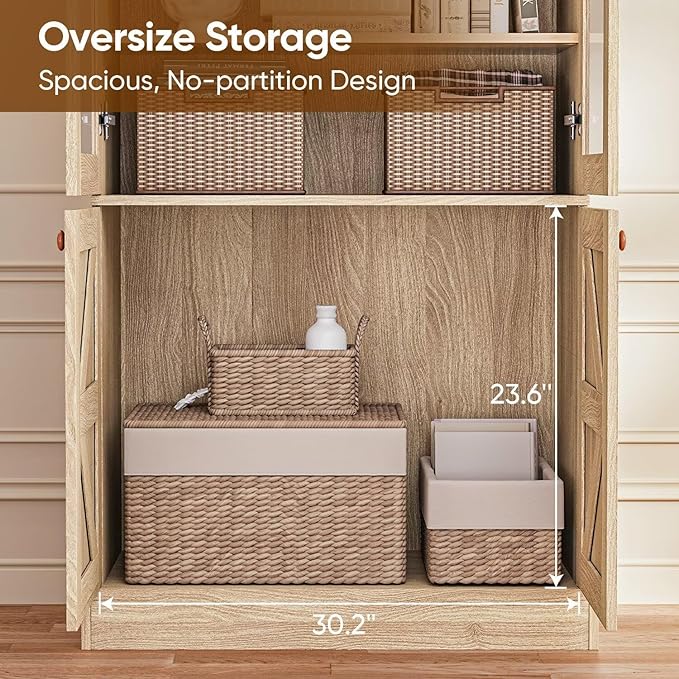 Vyre 71" Tall Farmhouse Bookshelves with Glass Doors and Drawers, Set of 3 – Large Modular Bookcase with Adjustable Shelves, Storage Cabinet for Living Room, Kitchen, Brown