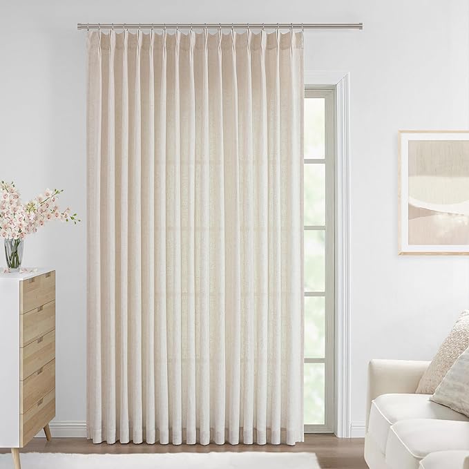 Vision Home Natural Pinch Pleated Semi Sheer Curtains Textured Linen Blended Light Filtering Window Curtains 108 inch for Living Room Bedroom Patio Pinch Pleat Drapes with Hooks 1 Panel 84" Wx108 L