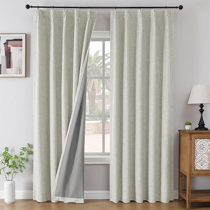 Joydeco Pinch Pleated Curtains - 100% Blackout for Bedroom, Light Beige Linen Curtains 40" W x 96" L, Thermal Insulated 2 Panels Light Blocking Drapes, Back Tabs for Living Room
