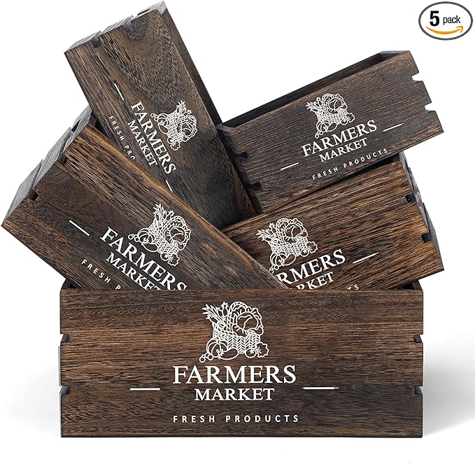 Barydat Set of 5 Wood Crates for Display Decorative Nesting Wooden Crate Storage with Handles Vintage Farmhouse Style Decorative Boxes Multipurpose Fruits Vegetables Boxes(Dusty Brown,Elegant)