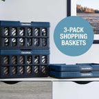 CleverMade Collapsible Shopping Basket, Ocean, 3PK - 24L (6 Gal) Reusable Plastic Grocery Shopping Baskets, Holds 25lbs Per Basket - Small Foldable Storage Crates with Handles