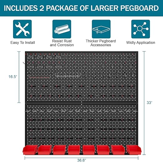 Peg Board kit with Accessories, Heavy Duty Steel Pegboard Kit with 180 PCS Varied Pegboard Accessories, Ideal for Tool Storage and Garage Organization, 16-Inch X 36-Inch, 2 Pack (Red Box)
