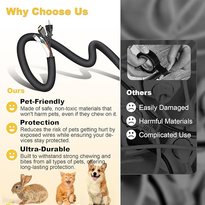 Cord Protectors from Pets no Chew, 10ft Cord Covers for Pets, 3/8Inch Wire Covers for Cords, Cable Sleeves Cord Management for USB, Power, Audio and Video Cords