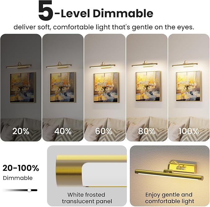 16" Gallery Picture Light with 1pcs Extra 6000mAh Battery- Brass Cordless Rechargeable Wall Sconce with Remote for Library, Study Room, Art & Renter Use