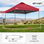 CROWN SHADES Adjustable Height on The Fly, 10x10 Pop Up Canopy - Beach Tent with One Push Setup - Easy Outdoor Sun Shade for Events, Parties, Camping - Outside Shade with STO-N-Go Bag, Red