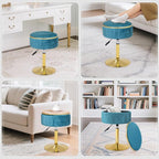 Adjustable Vanity Stool with Storage, 360° Swivel Makeup Stool Chair Small Velvet Round Ottoman with Gold Base for Bedroom (Blue)