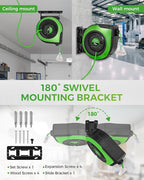 Retractable Cord Reel, 75 FT Heavy Duty Extension Cord, 14AWG/3C SJTOW, 3 Grounded Outlets Lighted Triple Tap, 10A Circuit Breaker, Wall/Ceiling Mounted, UL Listed, Green J75CR06