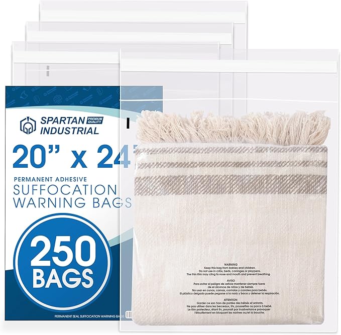 Spartan Industrial - 20" X 24" (250 Count) Self-Seal Clear Poly Bags With Suffocation Warning for Packaging, Bedding, Costumes - Permanent Adhesive