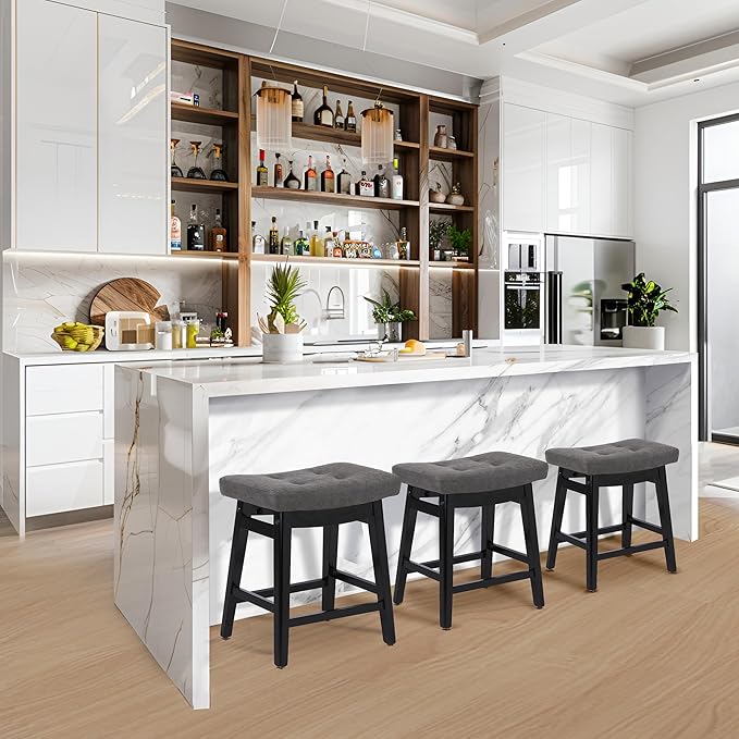 Counter Height Bar Stools Set of 4 for Kitchen Counter Farmhouse Modern Barstools with Faux Leather Upholstered Backless Seat and Solid Wood Legs 24 inch Bar Chairs, Grey + Black