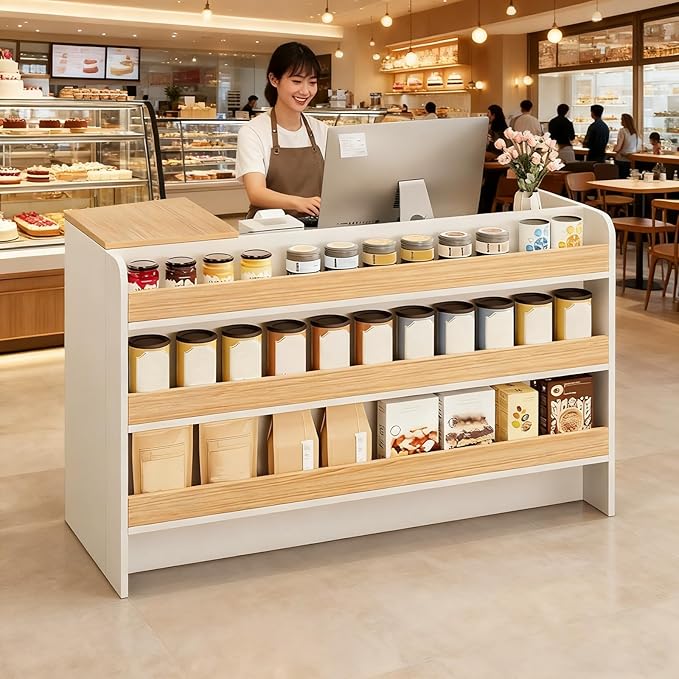 Modern Reception Desk Counter, Retail Counter Reception Desk with Lockable Drawers, Retail Checkout Counter with Open Shelves (White-You)