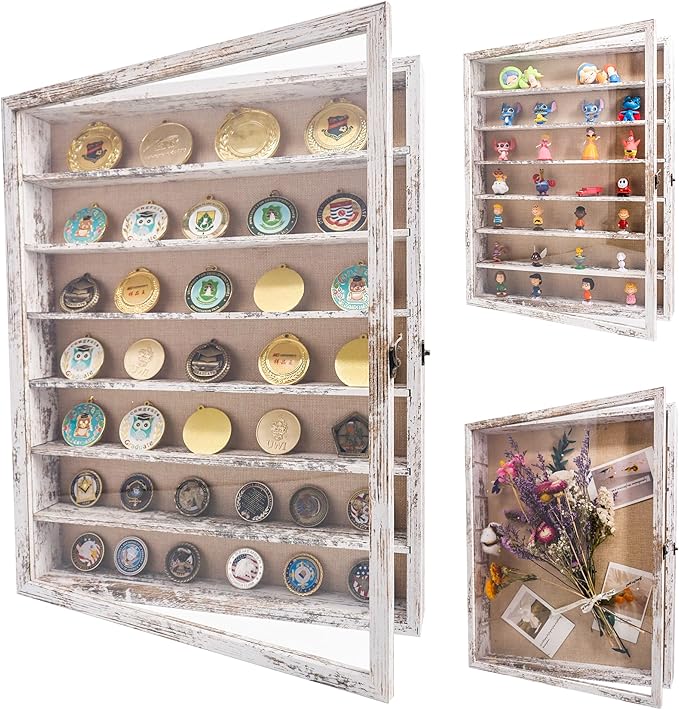 GMFrames 16x20 Wooden Shadow Box Frame with Removable Shelves Deep Display Case for Military Medals Keepsakes White