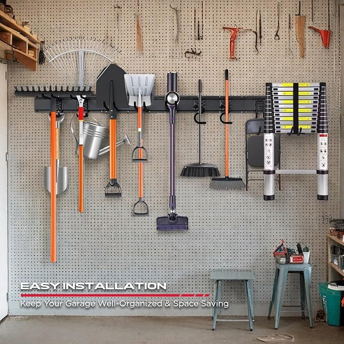 SEDY 64" Heavy Duty Garage Storage Tool Organizer Wall Mount - Tool Rack with Adjustable Hooks, Anti-Rust, 300lbs Capacity - Easy Installation (4 Racks, 10 Hooks, 3 Straps)