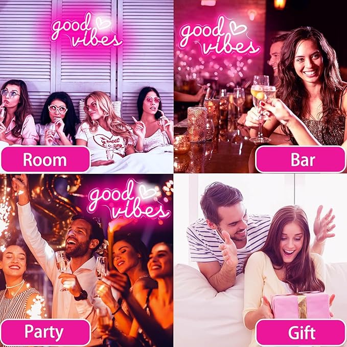 Good Vibes Neon Sign for Wall Decor Neon Lights Sign, 16"x8" Heart and Good Vibes LED Signs for Bedroom Wall, USB Operated Pink Goodvibes LED Neon Lights Signs for Game Room Christmas Decor