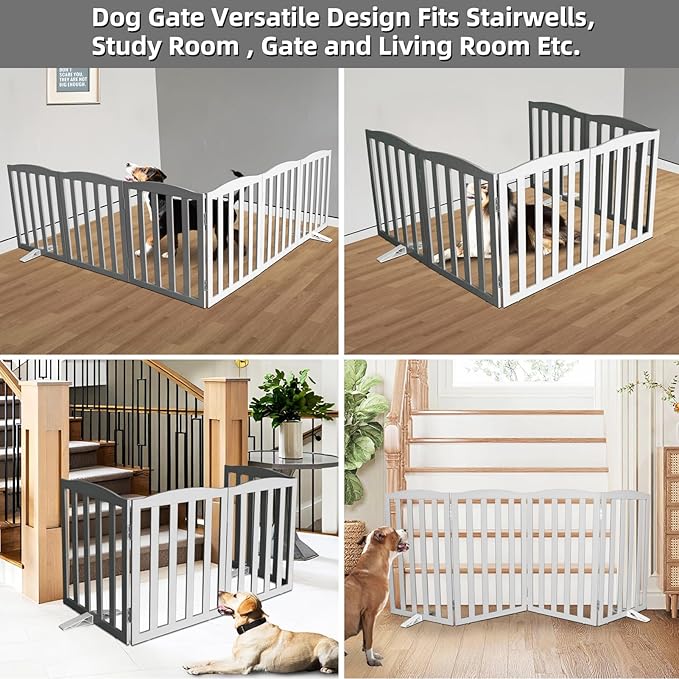 Freestanding Dog Gate Indoor,Doggie Gate Foldable Pet Gates for Doorways,Stairs or Hallways, Wooden Grey Pet Gate for The House, Pet Fence with Support Feet Included,32 "Height-6 Panels