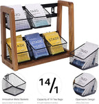 HTB 2 Tier Tea Organizer for Tea Bags, Tea Bag Holder with Acacia Wood Stand and 6 Removable Metal Basket for Sugar Packets, Sweeteners, Creamers for Cabinet, Countertop or Wall-mounted