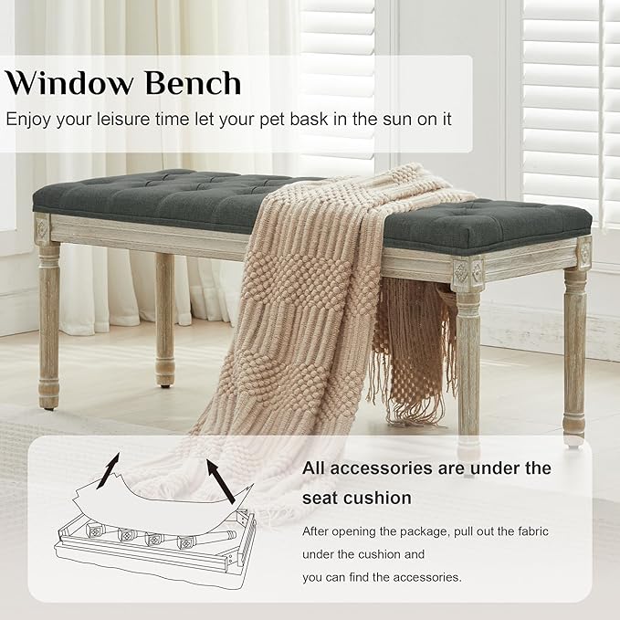 LOULENS 57.7" Linen Fabric End of Bed Bench, French Upholstered Button Tufted Bench for Bedroom End of Bed, Window Seat with Carved Wood Legs for Bedroom, Living Room, Entryway, Dark Grey