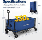 VIVOHOME Collapsible Wagon Carts, 330lbs 220L Utility Heavy Duty Foldable Wagons with Universal Wheels, Cup Holders & Side Pocket, Adjustable Handle, for Camping, Garden, Sports, Picnic, Shopping