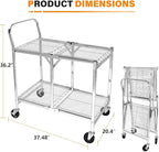 Collapsible 2 Shelf Wire Cart, Heavy Duty Collapsible Wire Rolling Utility Cart with Locking Brakes, 500lb Capacity, Folds Up for Storage, Chrome, 37.5" x 20.4" W x 36.2" H