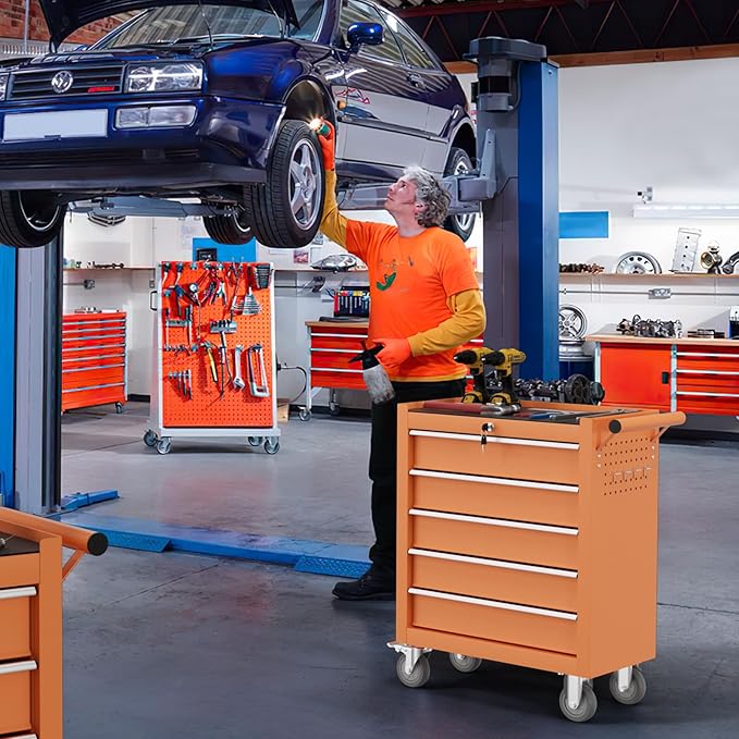 5-Drawer Tool Chest,Rolling Tool Cart with Wheels,High Capacity Tool Cabinet with Locking System for Garage, Warehouse, Workshop-Orange