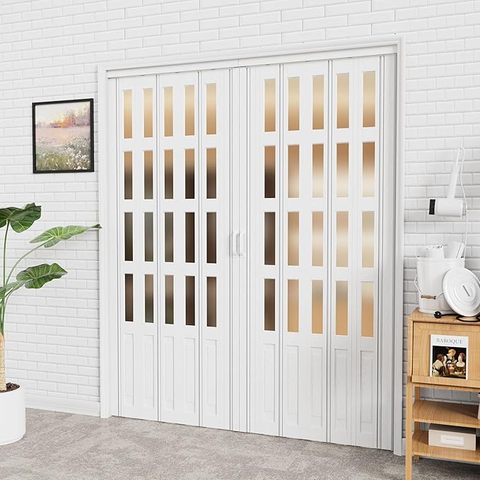 73-96 x 80in (Double 37-48) Accordion Doors Interior Folding Door, 4 Frosted Acrylic Glass White PVC Accordion Door with Upgraded Roller & Handle& Complete Hardware for Closet Bathroom Doorways