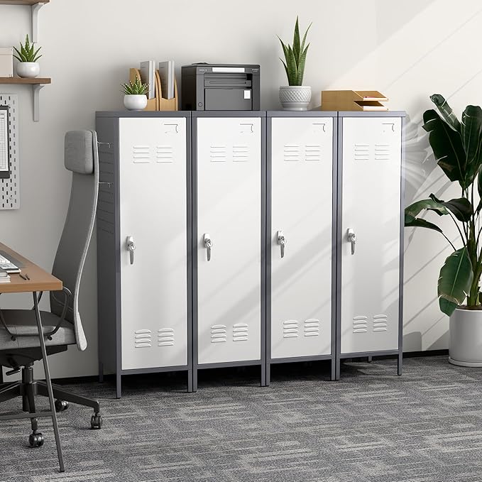 Aobabo Metal Locker, 54" H Metal Storage Locker for Employees, Lockable 1 Door with Towel Rack and 2 Side Pegboards with Hooks for Home School Office Gym, Assembly Required (Gray White)